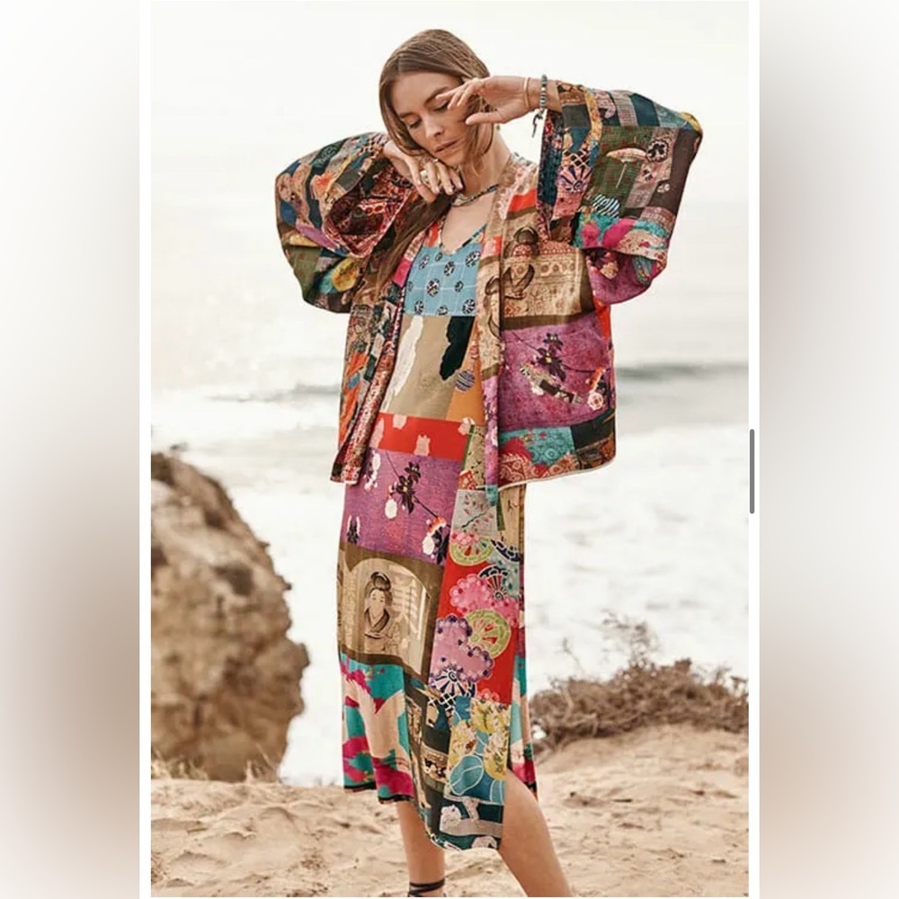 Johnny Was Tokyo High Slit Knit Midi Dress Multicolor Patchwork Quilt